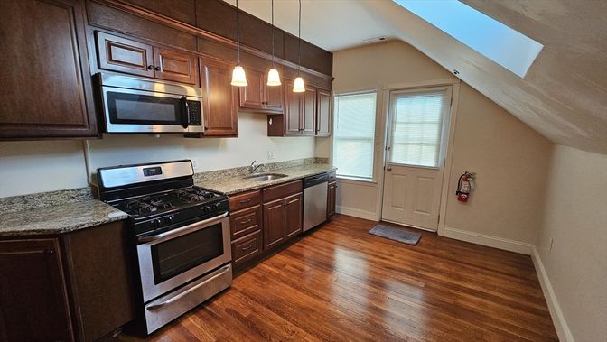 Interior, Kitchen, Pendant Lights, Stainless Steel Appliances, Wood Texture Flooring