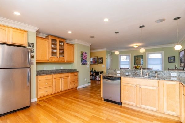 Interior, Kitchen, Pendant Lights, Recessed Lighting, Wood Texture Flooring