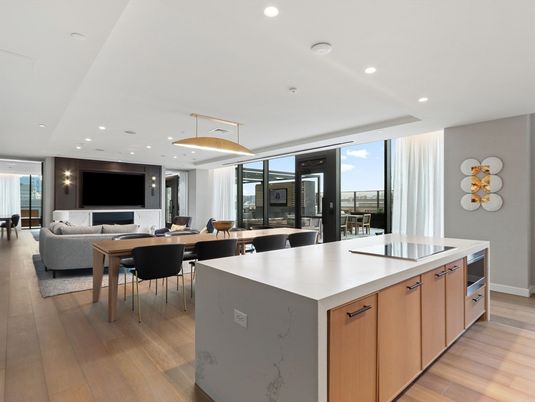 Dining room, Interior, Kitchen, Living room, Pendant Lights, Recessed Lighting, Wood Texture Flooring