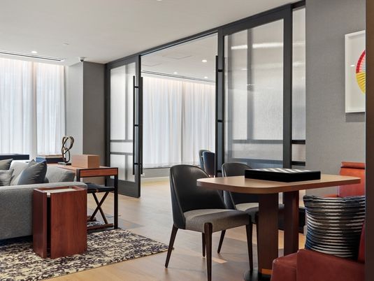 Dining room, Interior, Living room, Recessed Lighting, Wood Texture Flooring
