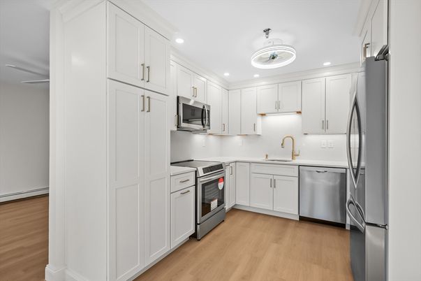 Interior, Kitchen, Recessed Lighting, Stainless Steel Appliances, Wood Texture Flooring