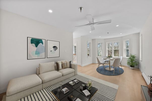 Dining room, Interior, Living room, Recessed Lighting, Wood Texture Flooring
