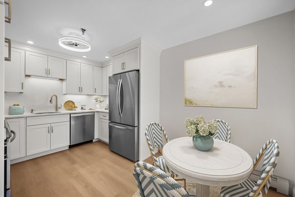 Dining room, Interior, Kitchen, Recessed Lighting, Stainless Steel Appliances, Wood Texture Flooring