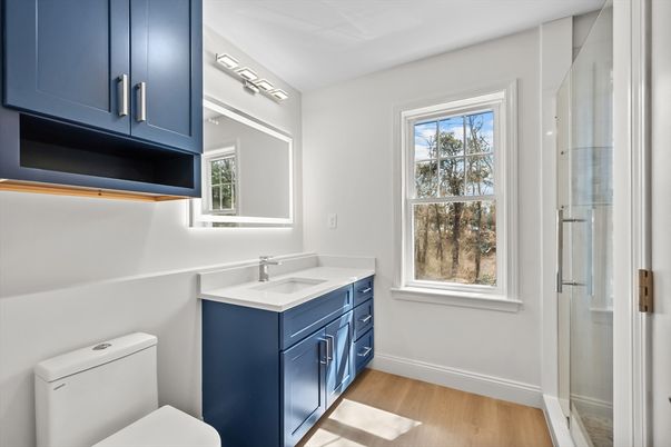 Bathroom, Glass Shower, Interior, Wood Texture Flooring