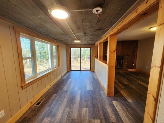 Empty room, Fireplace, Interior, Wood Texture Flooring, Wooden Walls