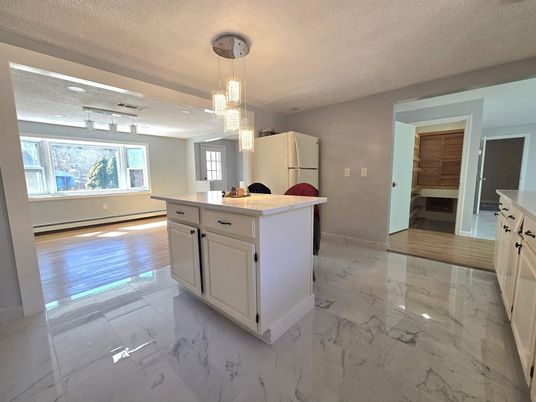 Chandelier, Interior, Kitchen, Marble, Pendant Lights, Wood Texture Flooring