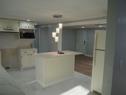 Interior, Kitchen, Marble, Pendant Lights, Recessed Lighting, Wood Texture Flooring