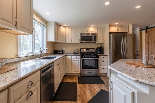 Interior, Kitchen, Recessed Lighting, Stainless Steel Appliances, Wood Texture Flooring
