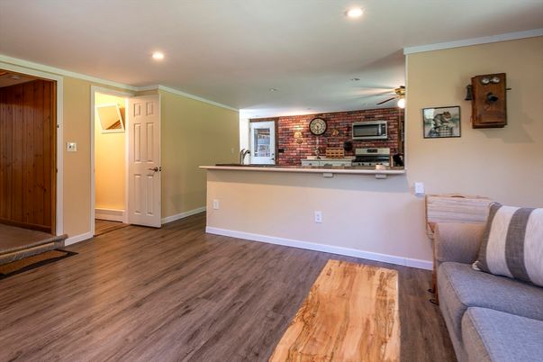 Interior, Recessed Lighting, Stone Walls, Wood Texture Flooring