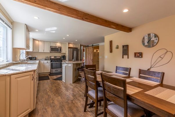 Dining room, Interior, Kitchen, Recessed Lighting, Stainless Steel Appliances, Wooden Beams, Wood Texture Flooring