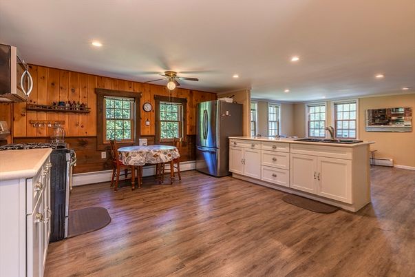 Dining room, Interior, Kitchen, Recessed Lighting, Wood Texture Flooring, Wooden Walls