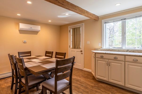 Dining room, Interior, Recessed Lighting, Wooden Beams, Wood Texture Flooring