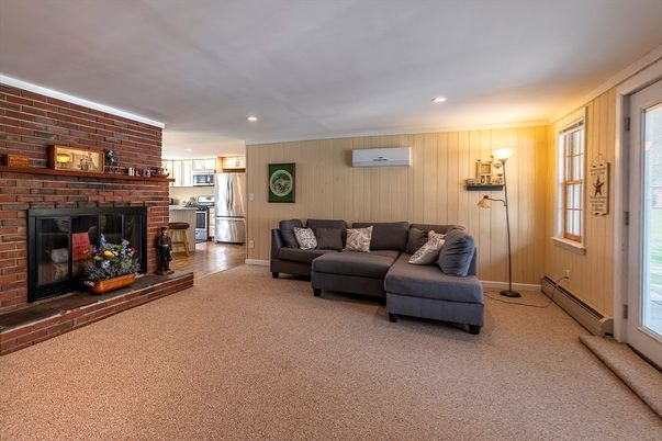 Fireplace, Interior, Kitchen, Living room, Recessed Lighting, Stone Walls