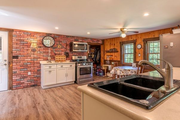 Interior, Kitchen, Recessed Lighting, Stone Walls, Wood Texture Flooring, Wooden Walls