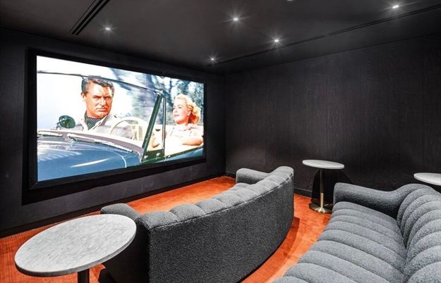 Interior, Projection Screen, Recessed Lighting, Theatre Room, Wood Texture Flooring