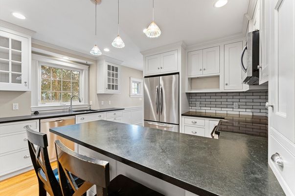 Interior, Kitchen, Pendant Lights, Recessed Lighting, Stainless Steel Appliances, Wood Texture Flooring