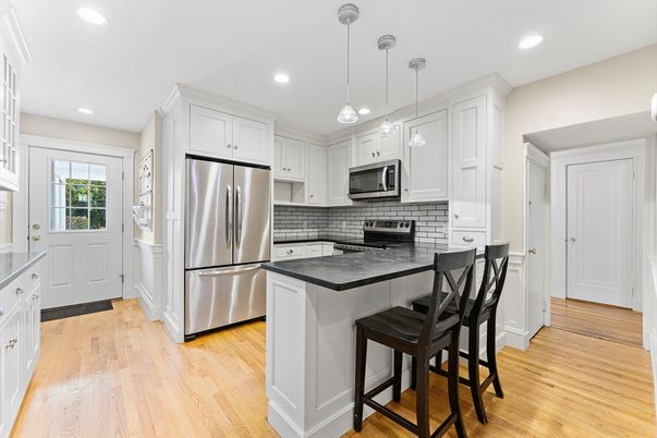 Interior, Kitchen, Pendant Lights, Recessed Lighting, Stainless Steel Appliances, Wood Texture Flooring