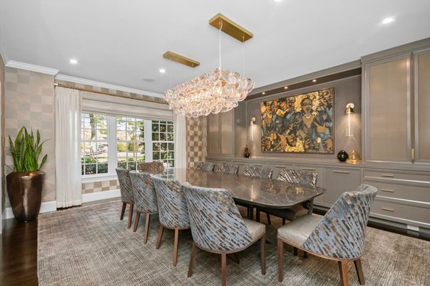 Chandelier, Dining room, Interior, Recessed Lighting, Wood Texture Flooring