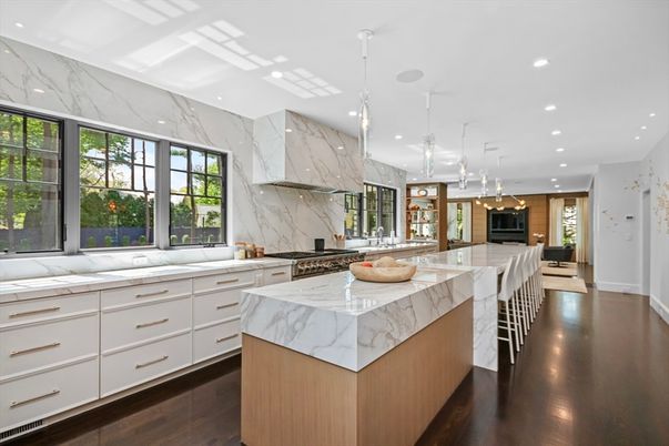 Interior, Kitchen, Marble Walls, Pendant Lights, Recessed Lighting, Wood Texture Flooring