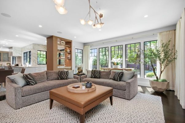 Interior, Kitchen, Living room, Marble Walls, Pendant Lights, Recessed Lighting, Wood Texture Flooring
