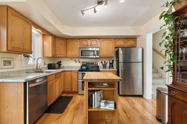 Interior, Kitchen, Recessed Lighting, Stainless Steel Appliances, Wood Texture Flooring