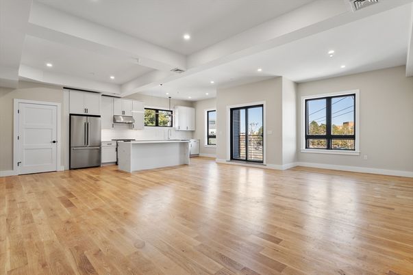 Interior, Kitchen, Recessed Lighting, Stainless Steel Appliances, Wood Texture Flooring