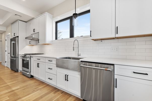 Interior, Kitchen, Pendant Lights, Recessed Lighting, Stainless Steel Appliances, Wood Texture Flooring