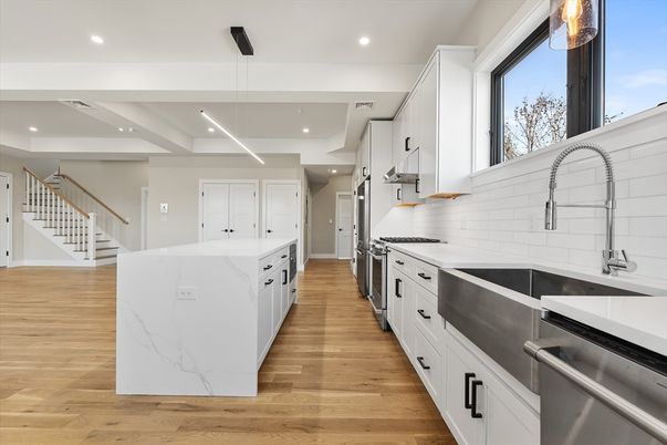 Interior, Kitchen, Pendant Lights, Recessed Lighting, Stainless Steel Appliances, Wood Texture Flooring