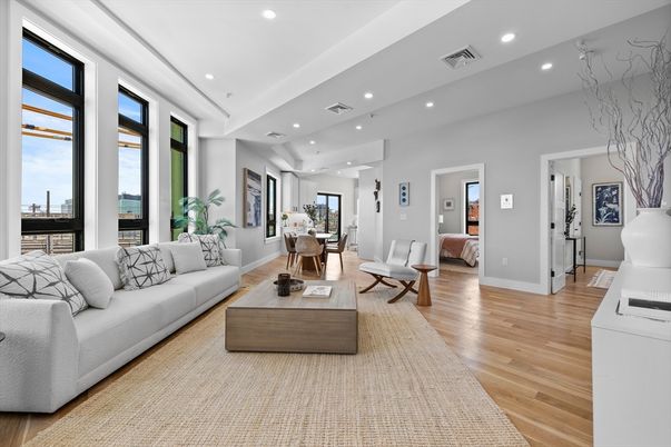 Dining room, Interior, Living room, Recessed Lighting, Wood Texture Flooring