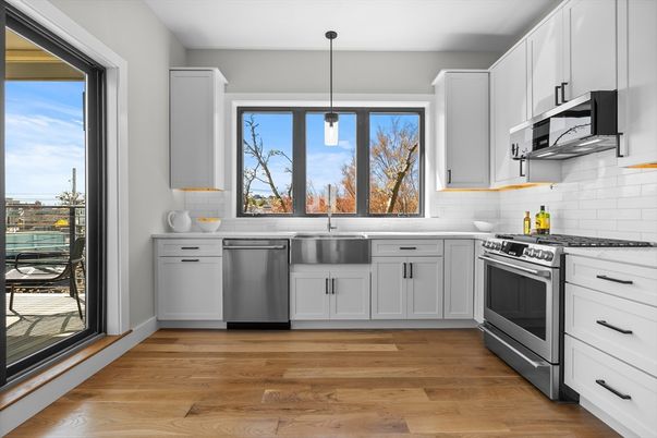 Interior, Kitchen, Pendant Lights, Stainless Steel Appliances, Wood Texture Flooring