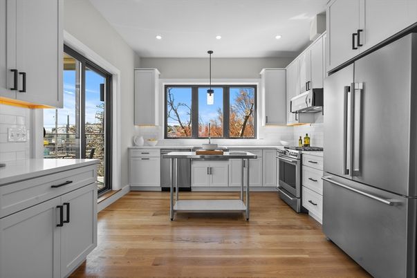 Interior, Kitchen, Pendant Lights, Recessed Lighting, Stainless Steel Appliances, Wood Texture Flooring
