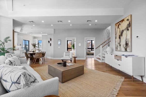 Dining room, Interior, Living room, Recessed Lighting, Wood Texture Flooring