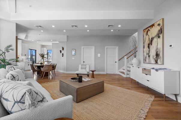 Dining room, Interior, Living room, Recessed Lighting, Wood Texture Flooring
