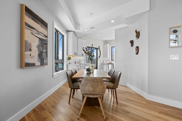 Dining room, Interior, Recessed Lighting, Wood Texture Flooring