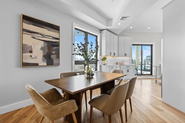 Dining room, Interior, Kitchen, Recessed Lighting, Wood Texture Flooring