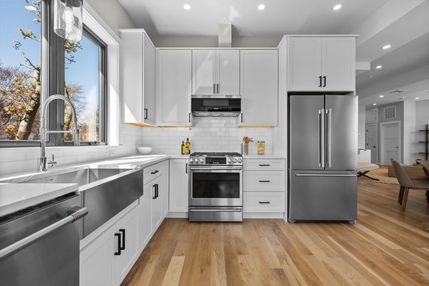 Interior, Kitchen, Recessed Lighting, Stainless Steel Appliances, Wood Texture Flooring