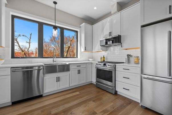 Interior, Kitchen, Pendant Lights, Recessed Lighting, Stainless Steel Appliances, Wood Texture Flooring