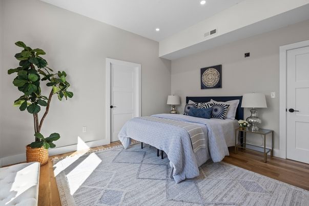 Bedroom, Interior, Recessed Lighting, Wood Texture Flooring