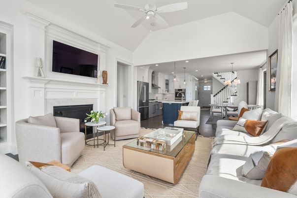 Dining room, Fireplace, Interior, Kitchen, Living room, Pendant Lights, Recessed Lighting, Stainless Steel Appliances