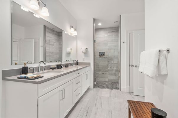 Bathroom, Dual Sink Vanities, Glass Shower, Interior, Recessed Lighting, Wood Texture Flooring