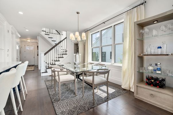 Dining room, Interior, Pendant Lights, Recessed Lighting, Wood Texture Flooring
