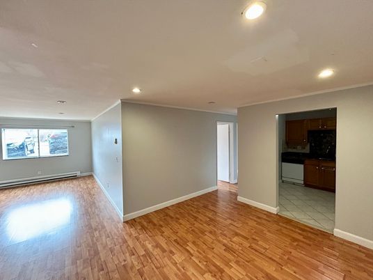 Empty room, Interior, Kitchen, Recessed Lighting, Wood Texture Flooring