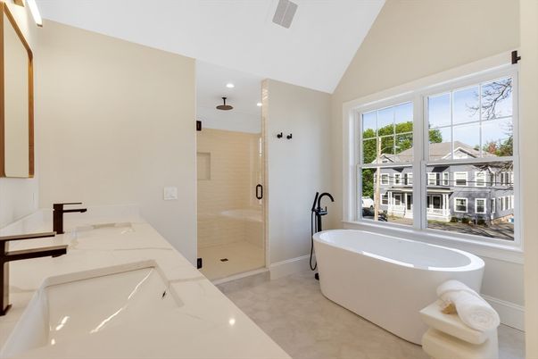 Bathroom, Free Standing Baths, Glass Shower, Interior, Recessed Lighting