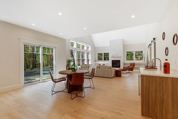 Dining room, Fireplace, Interior, Living room, Recessed Lighting, Wood Texture Flooring