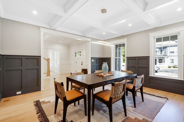 Dining room, Interior, Recessed Lighting, Wood Texture Flooring