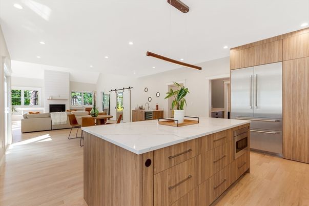 Dining room, Fireplace, Interior, Kitchen, Living room, Pendant Lights, Recessed Lighting, Stainless Steel Appliances, Wooden Beams, Wood Texture Flooring