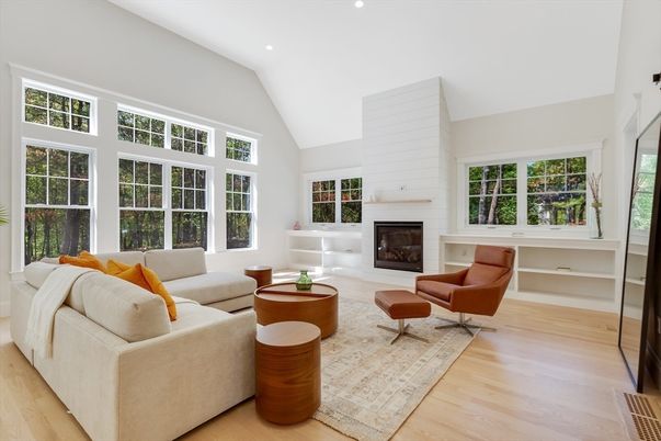 Fireplace, Interior, Living room, Recessed Lighting, Wood Texture Flooring