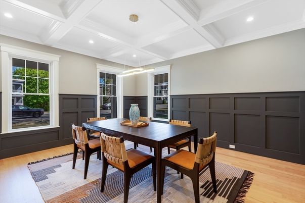 Dining room, Interior, Pendant Lights, Recessed Lighting, Wood Texture Flooring