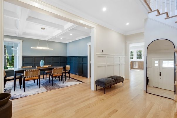 Dining room, Interior, Recessed Lighting, Wood Texture Flooring