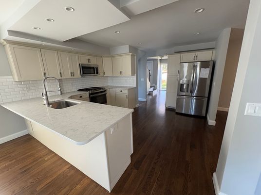 Interior, Kitchen, Recessed Lighting, Stainless Steel Appliances, Wood Texture Flooring